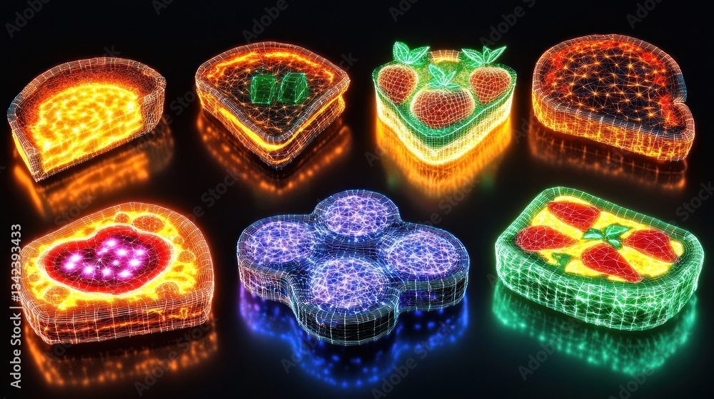 Fototapeta premium Colorful glowing sandwich slices on dark background