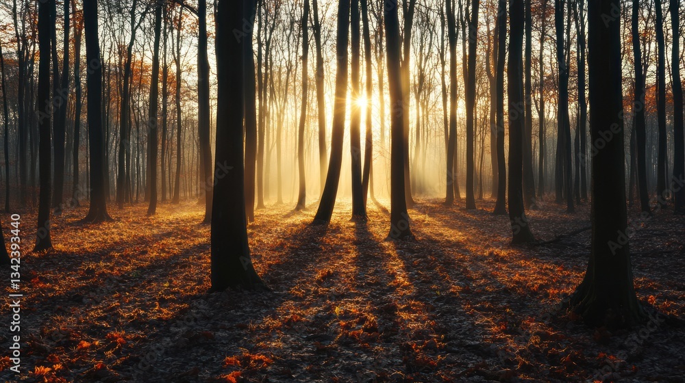 Obraz premium Golden Sunrise in Foggy Autumn Forest