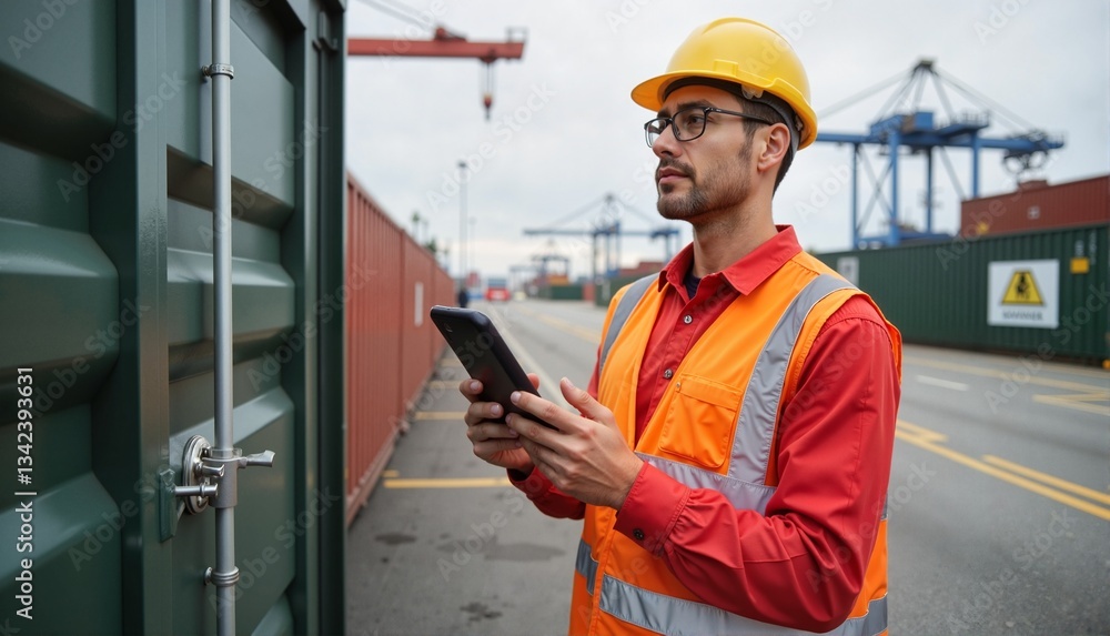 Obraz premium Construction worker using tablet at shipping container terminal 
