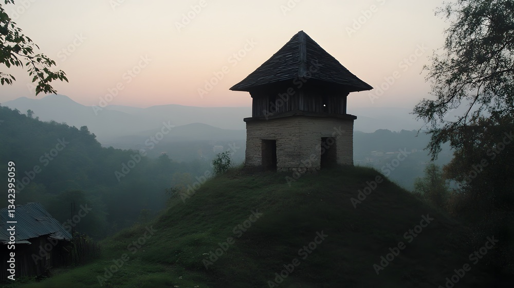 Fototapeta premium Serene Sunrise Over Hilltop Stone Watchtower