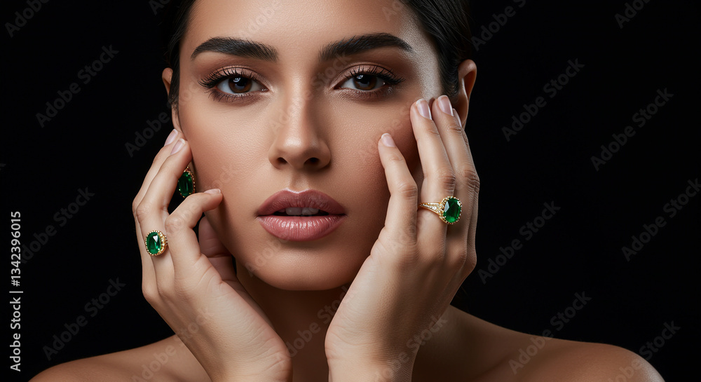 Mulher confiante com anel e brincos de esmeralda em fundo preto sofisticado Mulher confiante com anel e brincos de esmeralda em fundo preto sofisticado