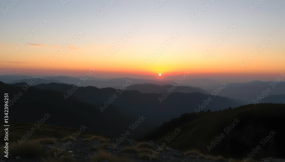 Fototapeta premium Majestic Sunrise Over Rolling Mountain Ranges Scenic View Landscape Photography