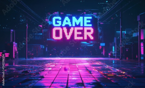 Glowing game over sign illuminating deserted cyberpunk street