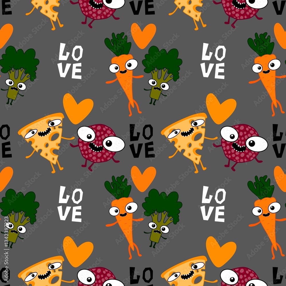 Obraz premium Cartoon food seamless sausage and cheese pattern for wrapping paper and fabrics and linens and kids clothes print