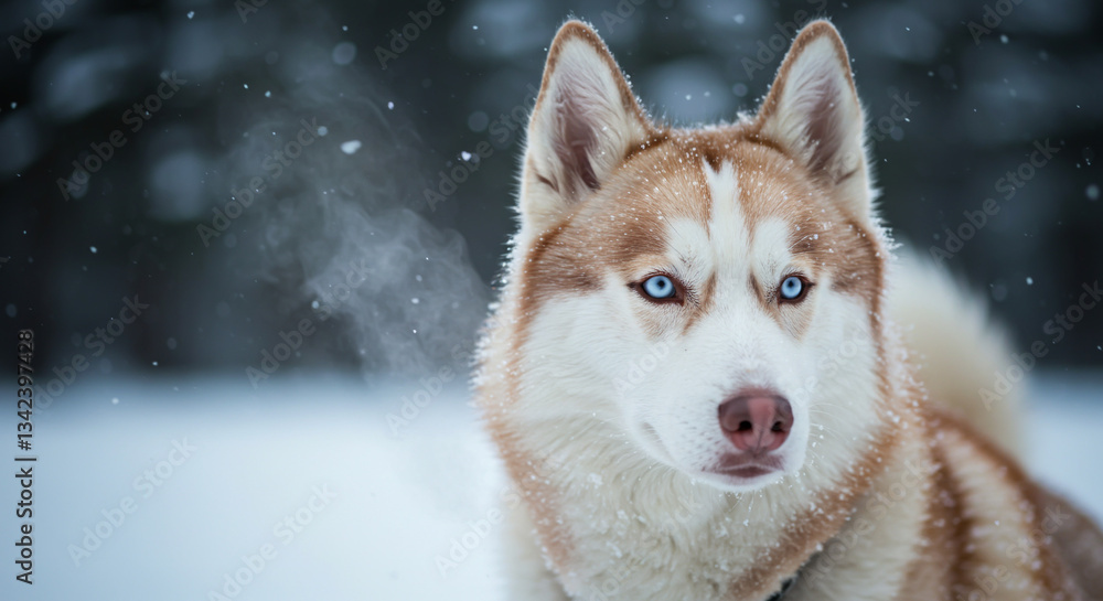 Husky Siberiano branco e marrom com olhos claros em uma paisagem nevada, retrato realista ao ar livre com atmosfera fria e detalhada Husky Siberiano branco e marrom com olhos claros em uma paisagem nevada, retrato realista ao ar livre com atmosfera fria e detalhada
