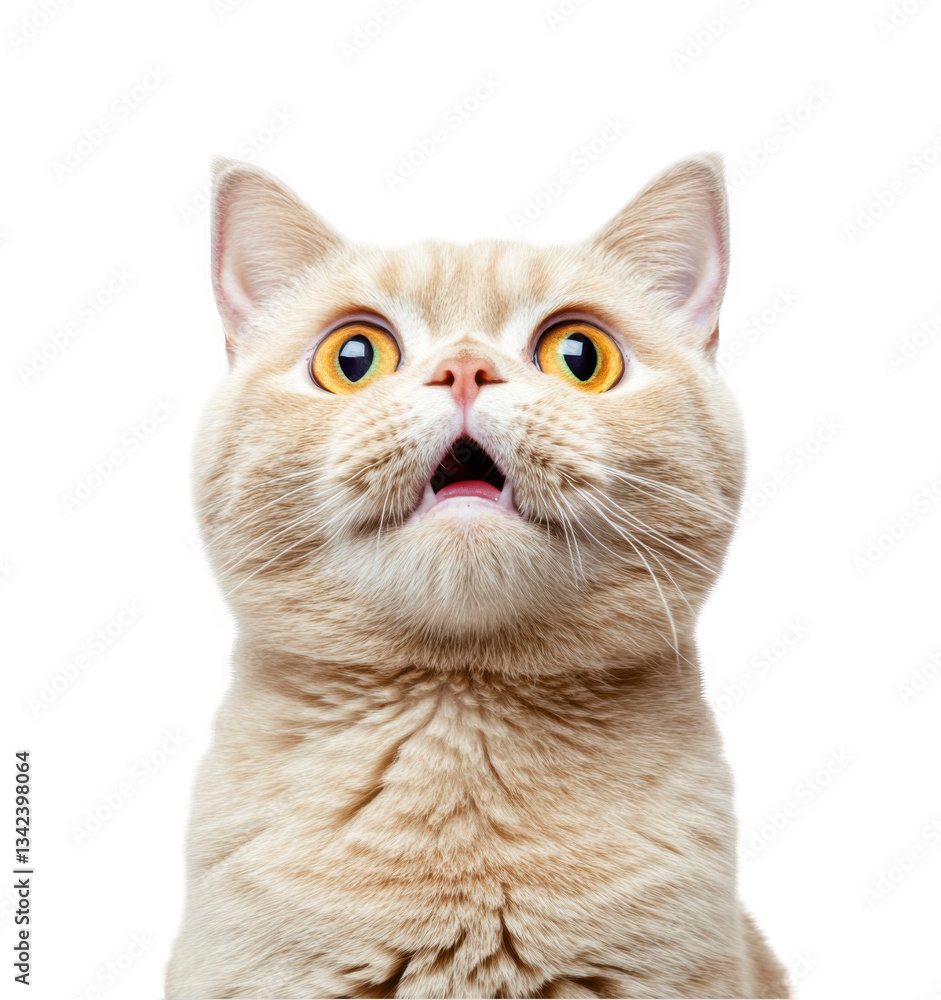 Fototapeta premium Funny, beige British Shorthair cat with yellow eyes, surprised expression, png