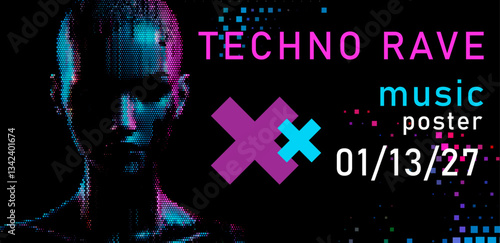 Techno rave poster with a pixelated silhouette of a face in blue and pink hues and colorful geometric accents on a black background. Vector cover template. 