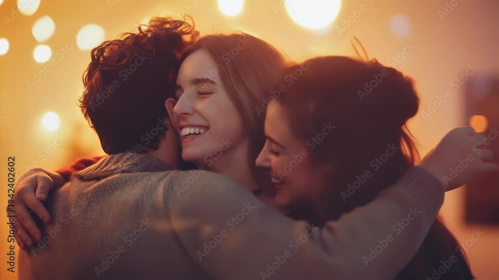 Warm friendship moments unfold as two women and a man share heartfelt hugs, illuminated by the soft glow of string lights, creating a cheerful and festive atmosphere Warm friendship moments unfold as two women and a man share heartfelt hugs, illuminated by the soft glow of string lights, creating a cheerful and festive atmosphere