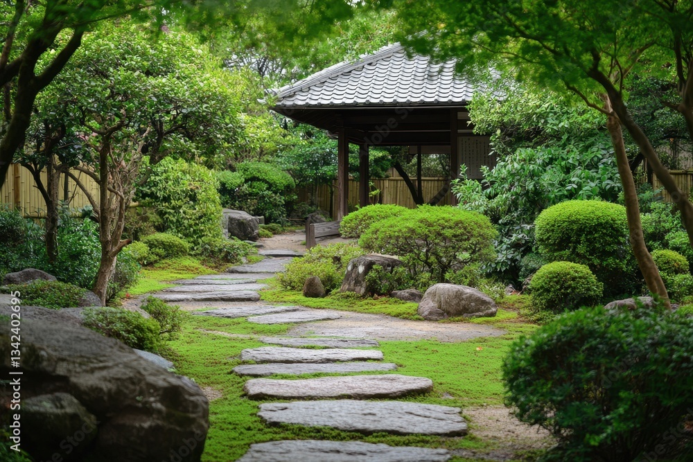 A peaceful japanese garden scene with a covered pathway A peaceful japanese garden scene with a covered pathway