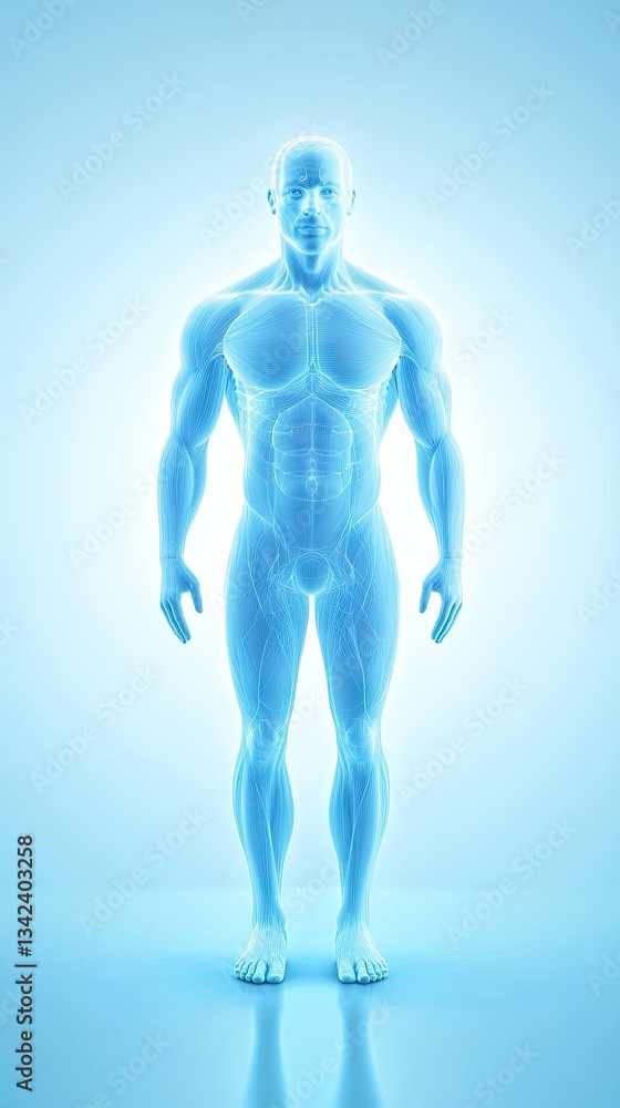Anatomy Standing human body in blue, showcasing muscle structure for educational purposes Anatomy Standing human body in blue, showcasing muscle structure for educational purposes