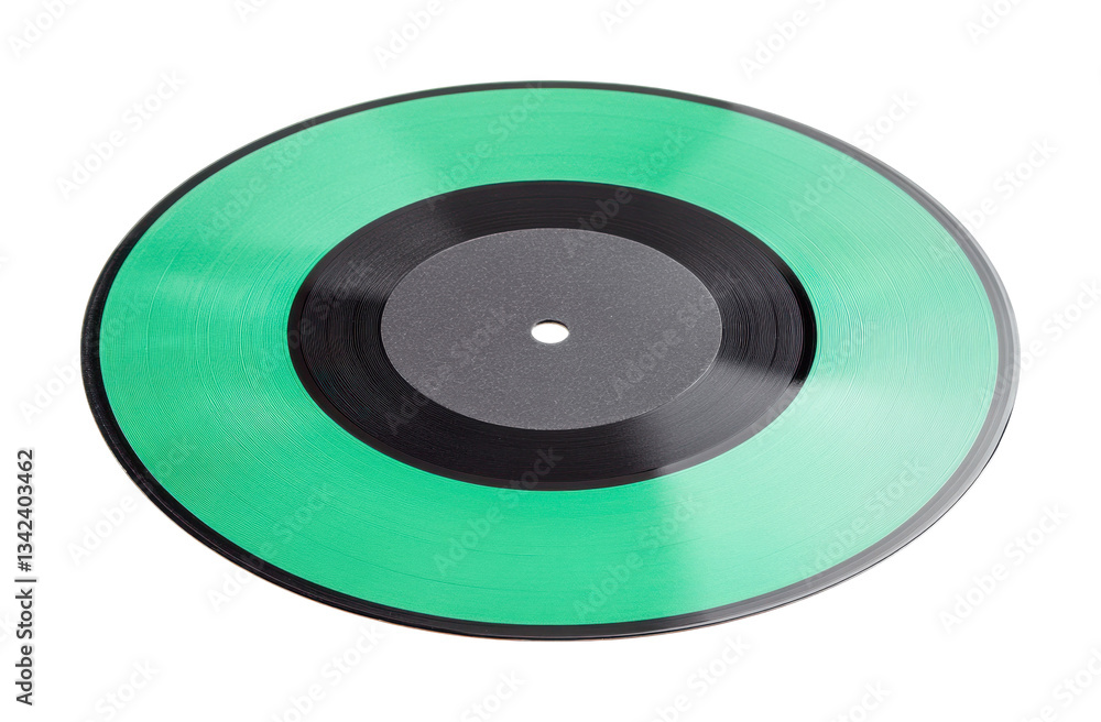 Green vinyl record with black center label on white background, cut out Green vinyl record with black center label on white background, cut out