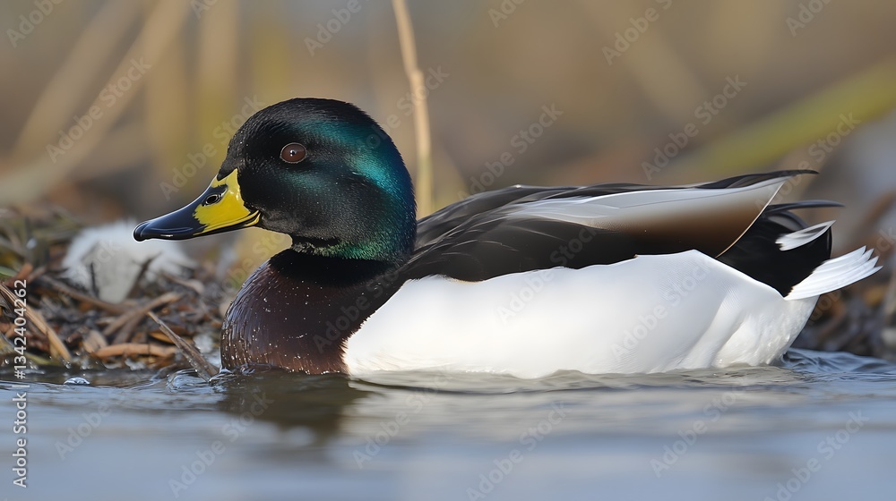 Obraz premium Stunning Male Eurasian Wigeon Duck in Water, Detailed Feathers, Aquatic Bird