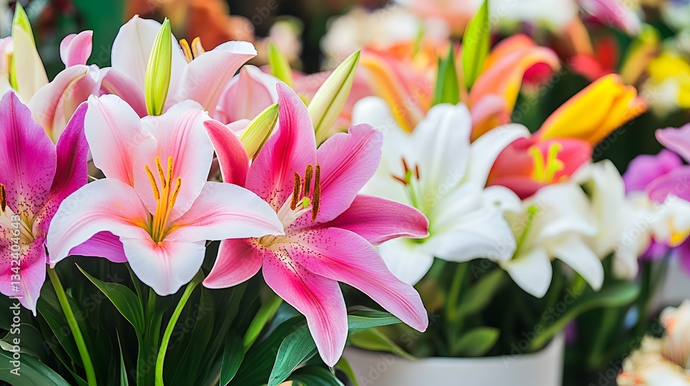 Fototapeta premium Vibrant Pink, White, and Orange Asiatic Lilies Bouquet