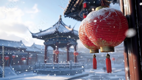 Traditional chinese pavilion with snowy lanterns a winter wonderland view
