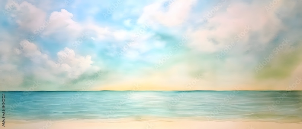 Fototapeta premium Serene Watercolor Seascape, Tranquil Ocean and Sky