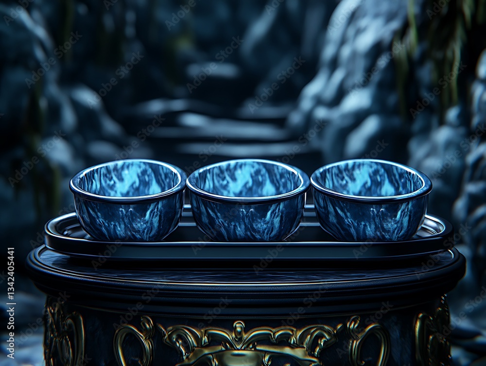 Fototapeta premium Three elegant teal bowls on ornate stand for nature backdrop.