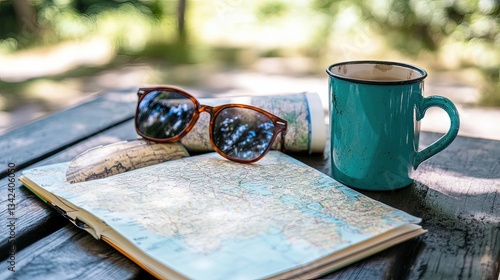 Wallpaper Mural Travel essentials map sunglasses and coffee on a rustic table in nature Torontodigital.ca
