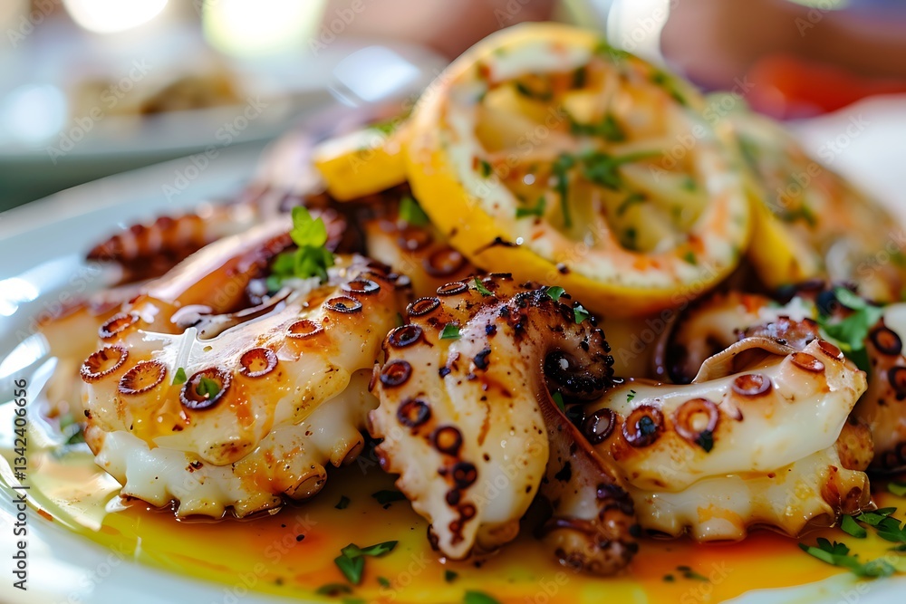 Fried octopus with lemon and parsley in a frying pan Fried octopus with lemon and parsley in a frying pan