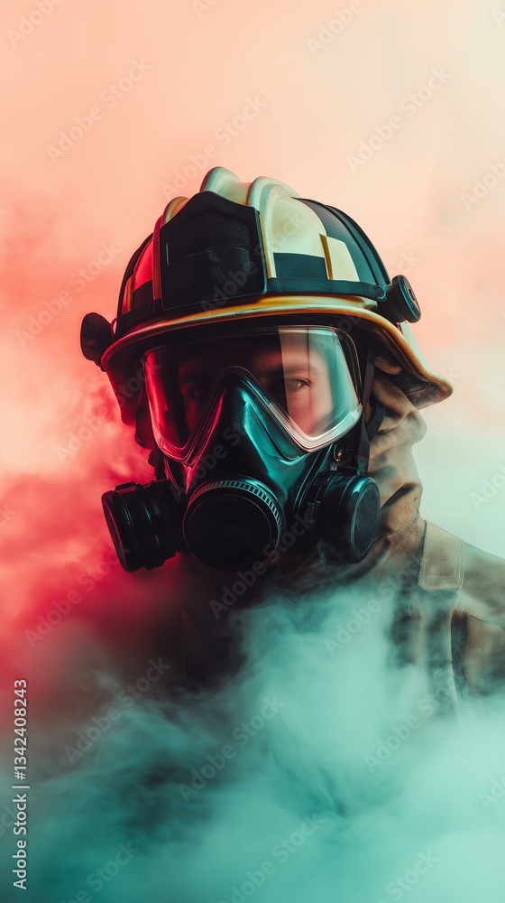 Obraz premium Firefighter in Smoke and Protective Gear