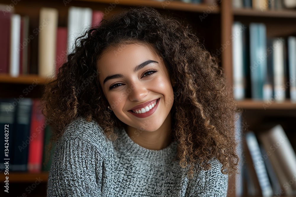 Joyful mixed race college student posing in campus library, embracing academic life and community Joyful mixed race college student posing in campus library, embracing academic life and community