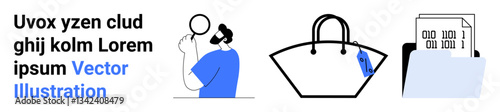 Person examining with magnifying glass, handbag with price tag, document folder with binary code. Ideal for retail, security, coding, e-commerce, data analysis, technology flat landing page banner