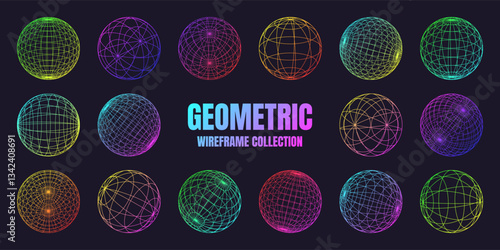 Neon wireframe shapes, lined sphere. Perspective mesh, 3d grid. Low poly geometric elements. Retro futuristic design elements, y2k, vaporwave and synthwave style. Vector illustration