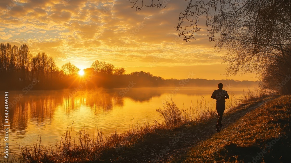 A lone person runs along a lakeside path during golden sunrise A lone person runs along a lakeside path during golden sunrise