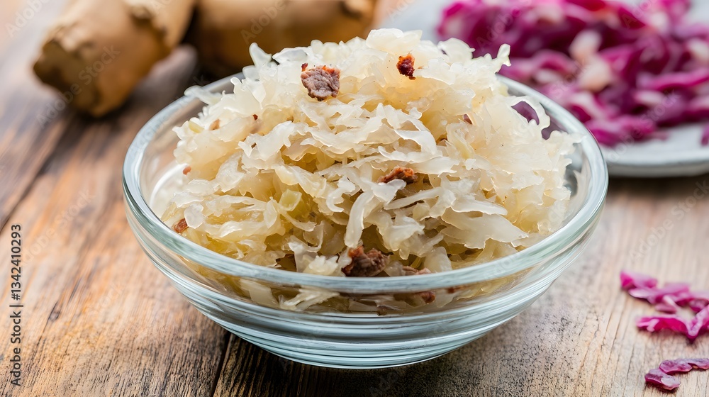 Delicious Sauerkraut with Bacon Bits in Glass Bowl Delicious Sauerkraut with Bacon Bits in Glass Bowl