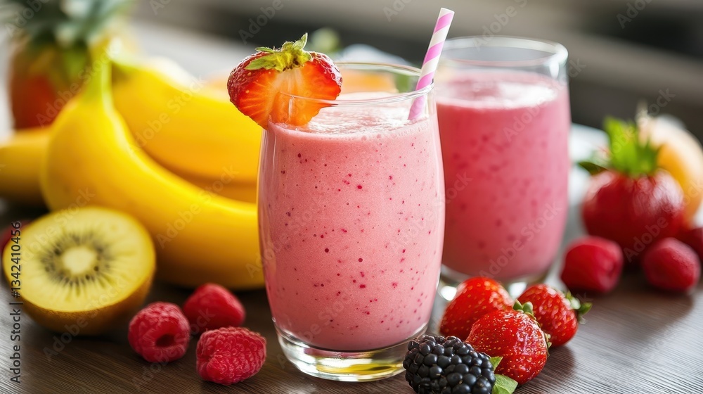 Two glasses with fruit smoothies surrounded by fresh fruits Two glasses with fruit smoothies surrounded by fresh fruits