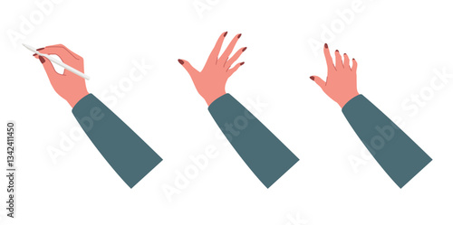 A woman hands with long nail and sleeve hands using smartphone, stylus pen or tablet flat vector for study, surf internet, business illustration isolated on white background.