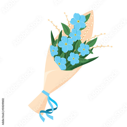 Romantic Floral bouquet wrapped with ribbon and assorted flowers Vector