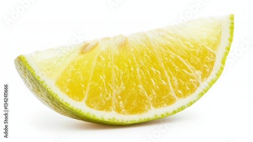 Ripe slice of green lime citrus fruit stand isolated on white background