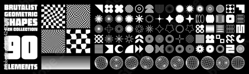 Brutalist geometric shapes, modern symbols. Groovy checkered pattern, distorted tiled grid. Simple elements, forms. Retro design, trendy contemporary minimalist style, y2k. Vector illustration