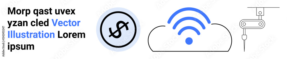 Dollar icon, cloud with wireless signal and robotic arm. Ideal for finance, technology, connectivity, automation, smart systems, wireless tech, simple landing page Dollar icon, cloud with wireless signal and robotic arm. Ideal for finance, technology, connectivity, automation, smart systems, wireless tech, simple landing page
