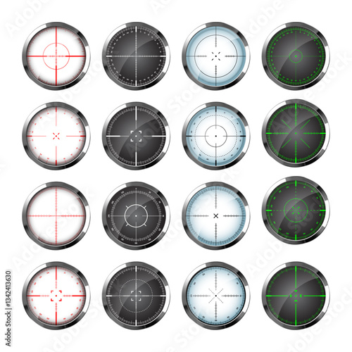 Chrome weapon sights, sniper rifle optical scopes. Hunting gun viewfinder with crosshair. Aim, shooting mark symbol. Military target sign, silhouette. Game interface UI element. Vector illustration
