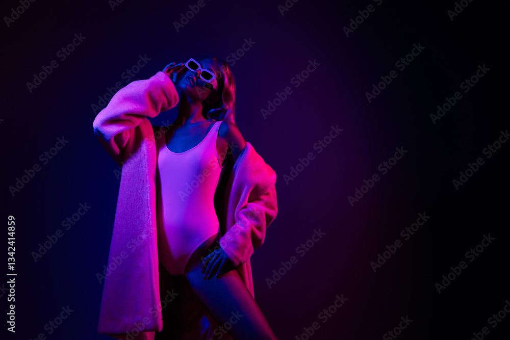 Attractive young woman in pink bodysuit and coat with neon lights, exudes glamour and luxury Attractive young woman in pink bodysuit and coat with neon lights, exudes glamour and luxury