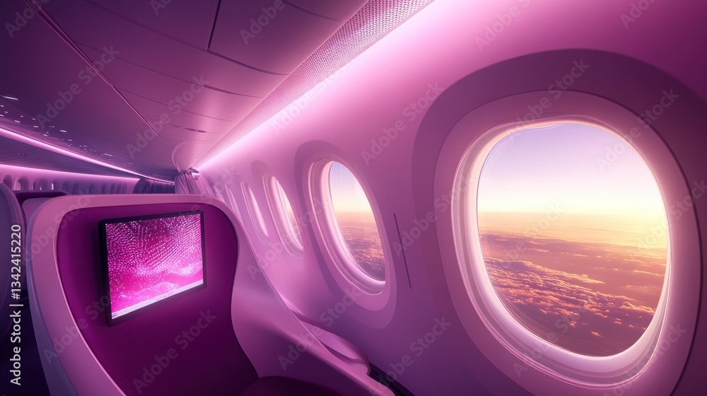 Obraz premium Airplane Interior, Sunrise View, Pink Tones, Passenger Seat