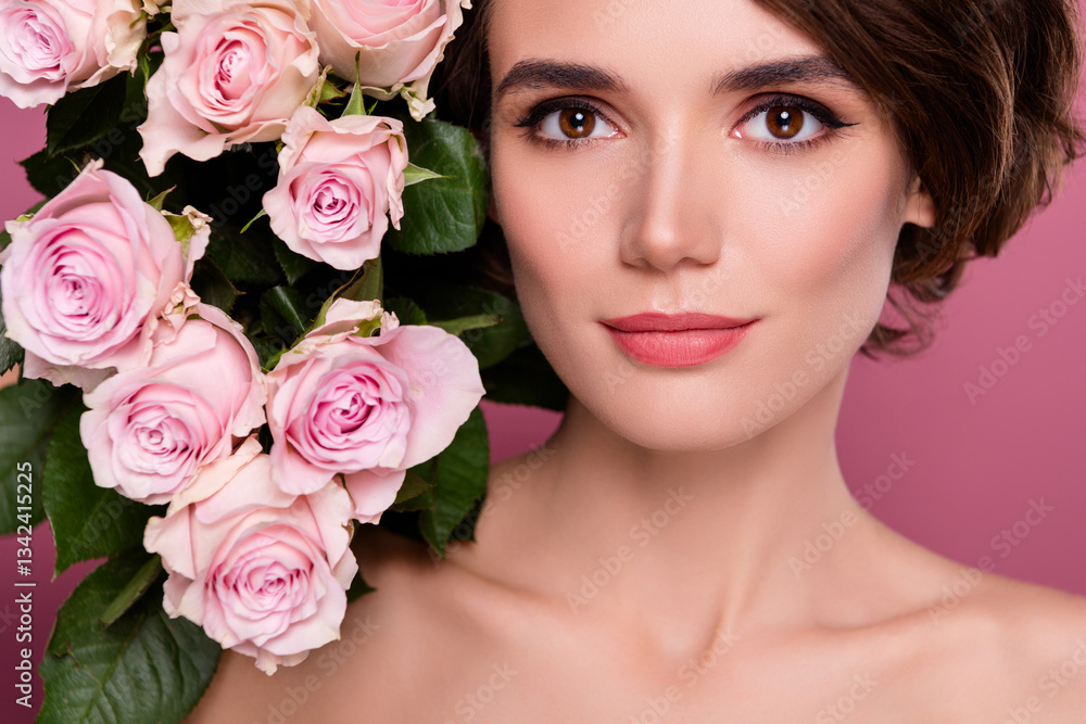 Close up photo of pretty lady having elegant makeover look near bloom blossom rose buds over pink color background Close up photo of pretty lady having elegant makeover look near bloom blossom rose buds over pink color background