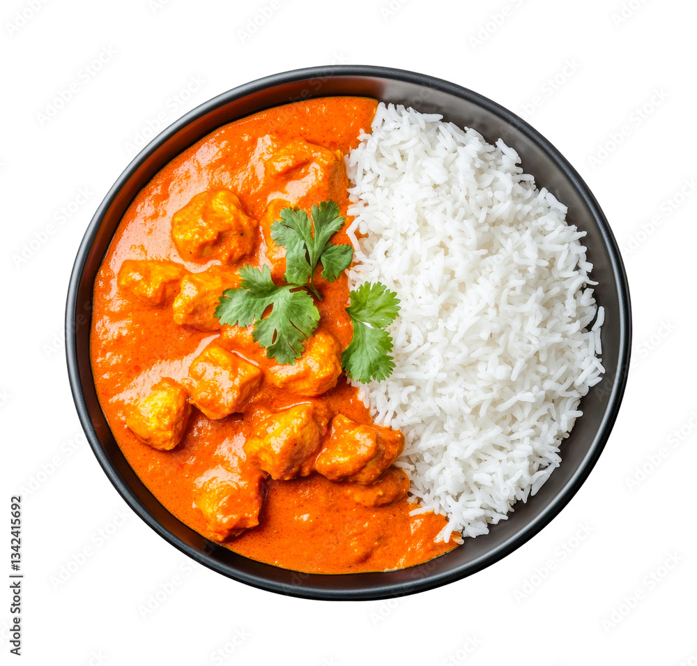 Traditional indian chicken curry with basmati rice and fresh cilantro garnish, cut out Traditional indian chicken curry with basmati rice and fresh cilantro garnish, cut out
