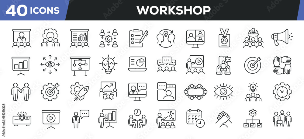© Abbasy  Kautsar - Workshop icons set. Web line icons collection related teamwork, training meeting, coaching, seminar. Editable stroke. Perfect pixel vector illustration isolated on white background.