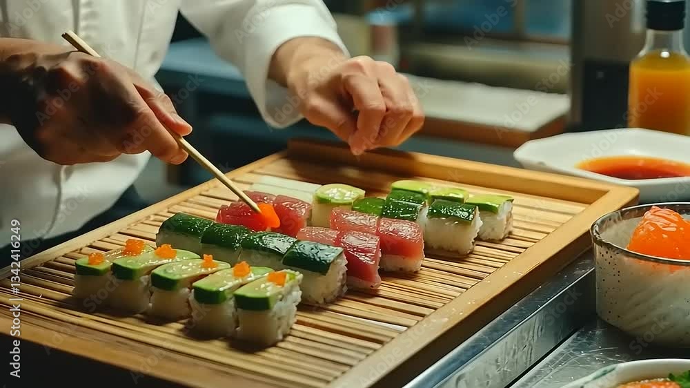 Chef skillfully preparing sushi rolls with fresh ingredients in a vibrant kitchen setting Chef skillfully preparing sushi rolls with fresh ingredients in a vibrant kitchen setting