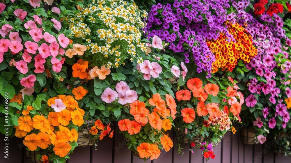 A vibrant collection of colorful flowers hanging in baskets A vibrant collection of colorful flowers hanging in baskets