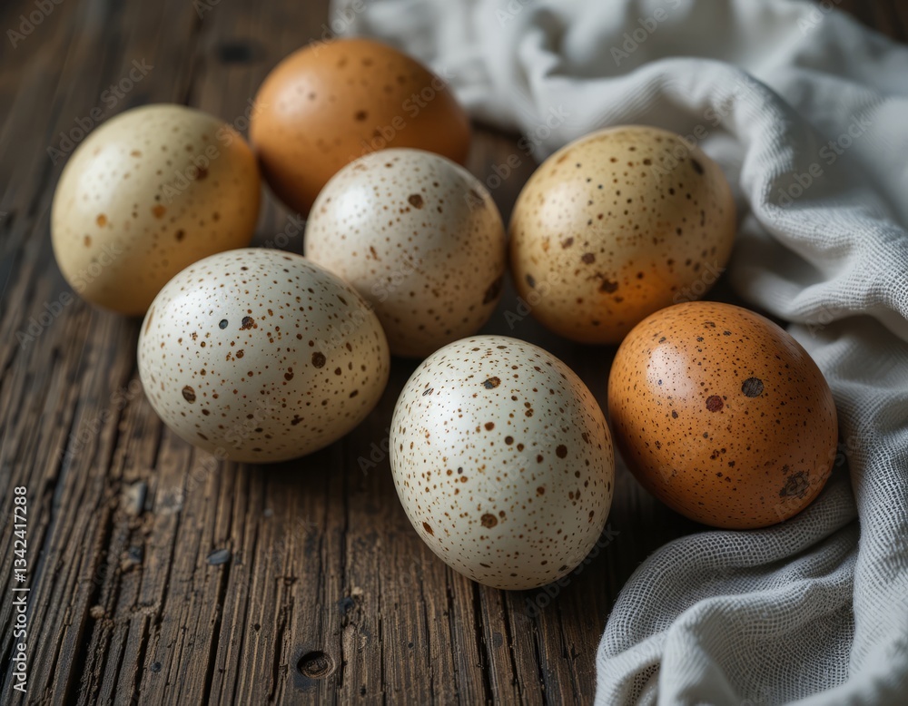Rustic speckled eggs on a wooden surface with soft fabric Rustic speckled eggs on a wooden surface with soft fabric