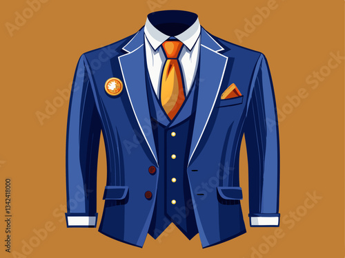 vector of navy blue three-piece suit with a matching vest and a silk tie