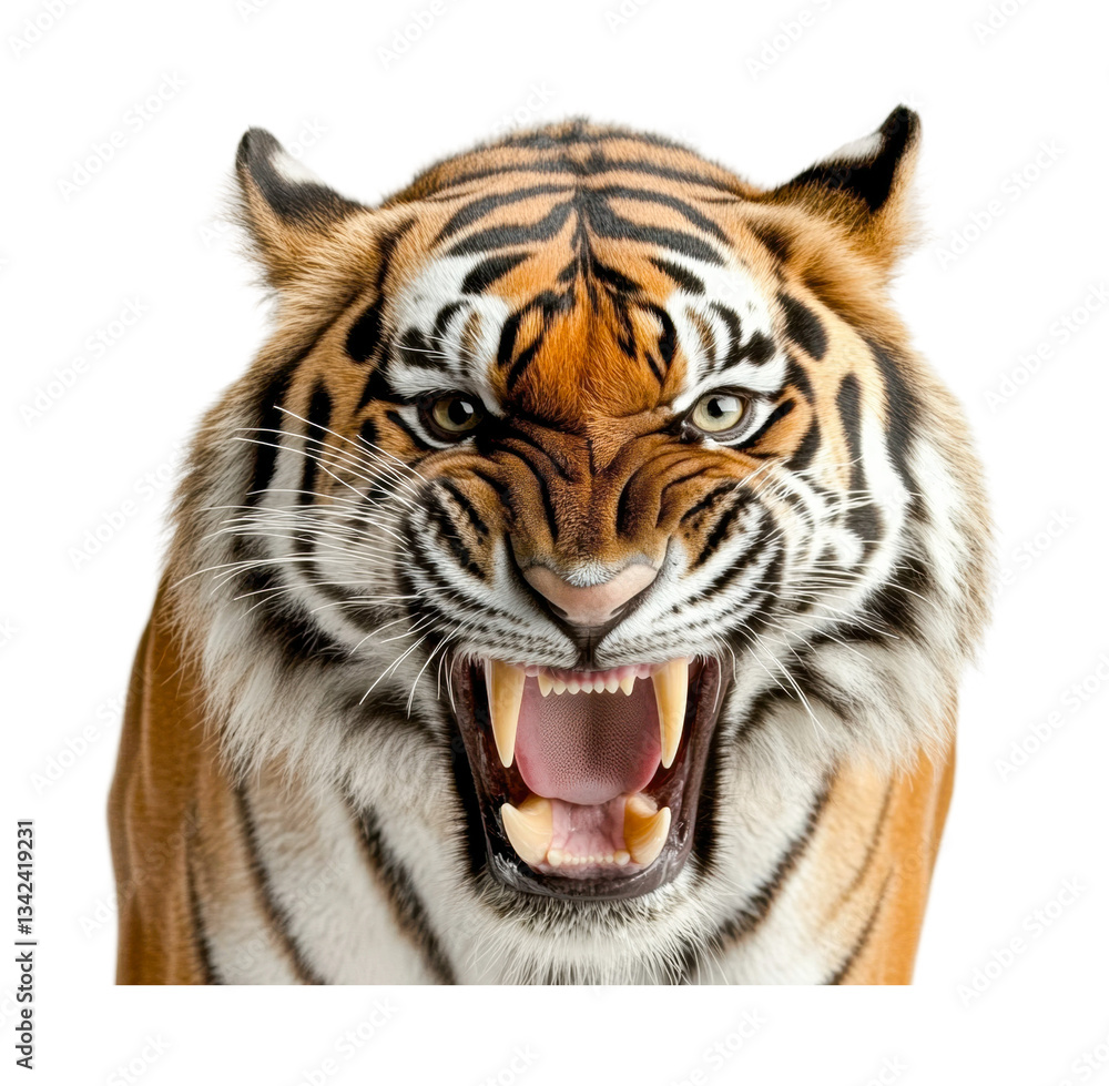 Close-up of a bengal tiger roaring with fierce expression, cut out Close-up of a bengal tiger roaring with fierce expression, cut out