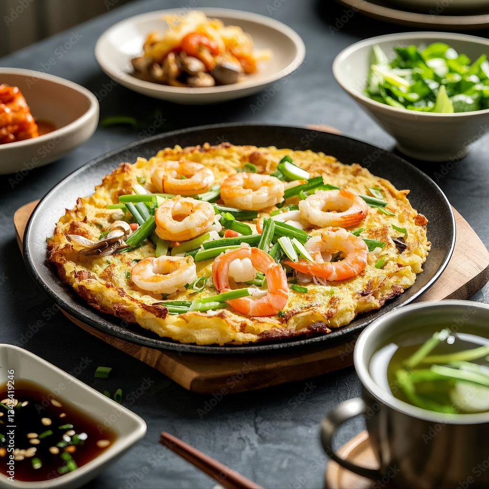 Authentic Korean Seafood Pancake (Haemul Pajeon) with Dipping Sauce Authentic Korean Seafood Pancake (Haemul Pajeon) with Dipping Sauce