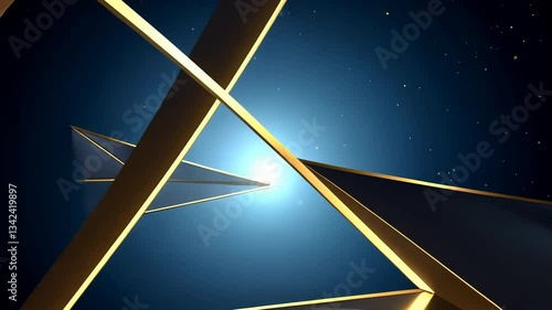 Geometric abstract background with gold accents.  Dark navy blue and gold triangular shapes converge, creating a dynamic visual.  A spotlight effect illuminates the center