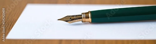 Fountain pen on white paper, wooden table background, writing