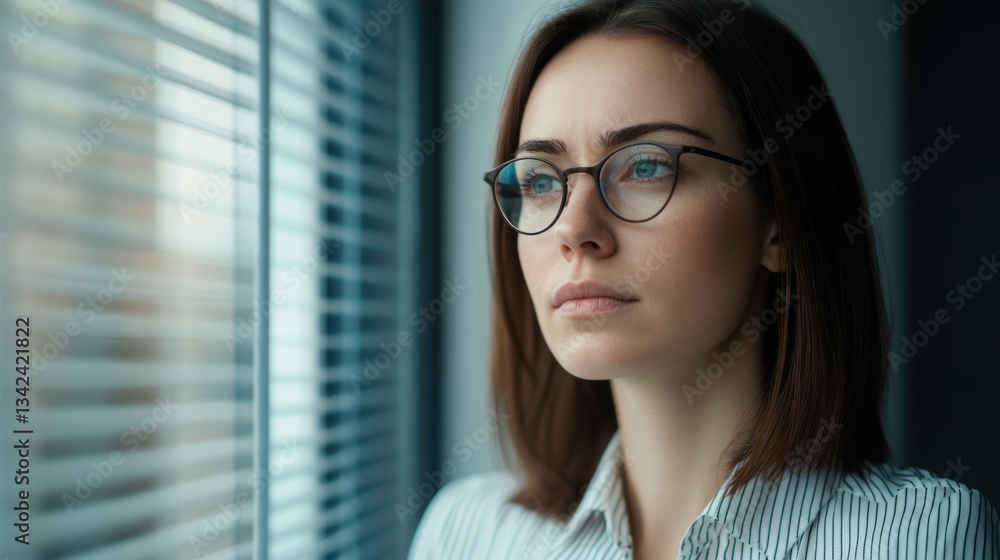 Young caucasian female in glasses gazing thoughtfully out of window Young caucasian female in glasses gazing thoughtfully out of window