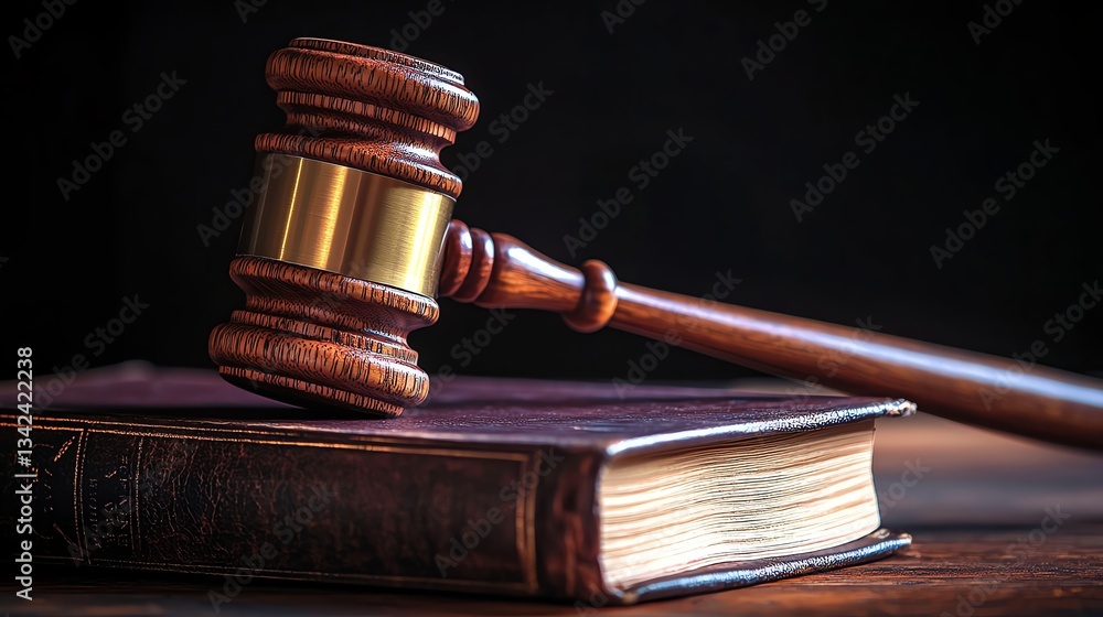 A wooden judge's gavel resting on a law book, soft lighting emphasizing the importance of justice and legal authority A wooden judge's gavel resting on a law book, soft lighting emphasizing the importance of justice and legal authority